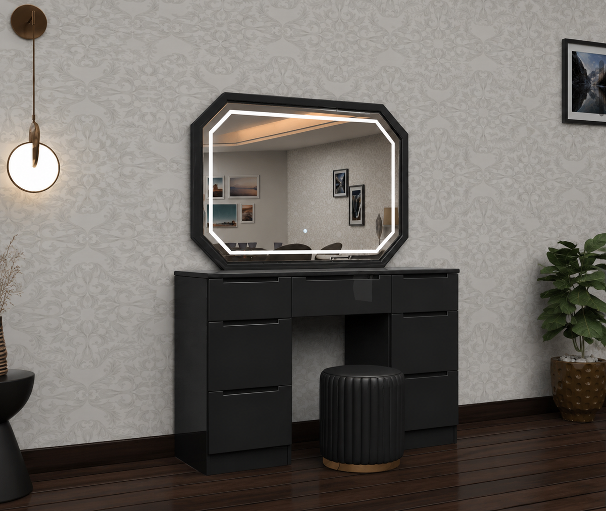 Rose Dressing Table - Deep Drawers , 3 Tone LED , High Gloss Mirror , Comfy Stool With Strong MDF In Different Colours