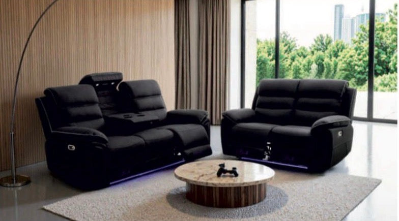 Milano Fabric Sofa in Platinum Grey color. 3+2+1 seater sofa with Electric Recliner,Cup Holder, LED Lights, Wireless Charging, USB &C-Type Port