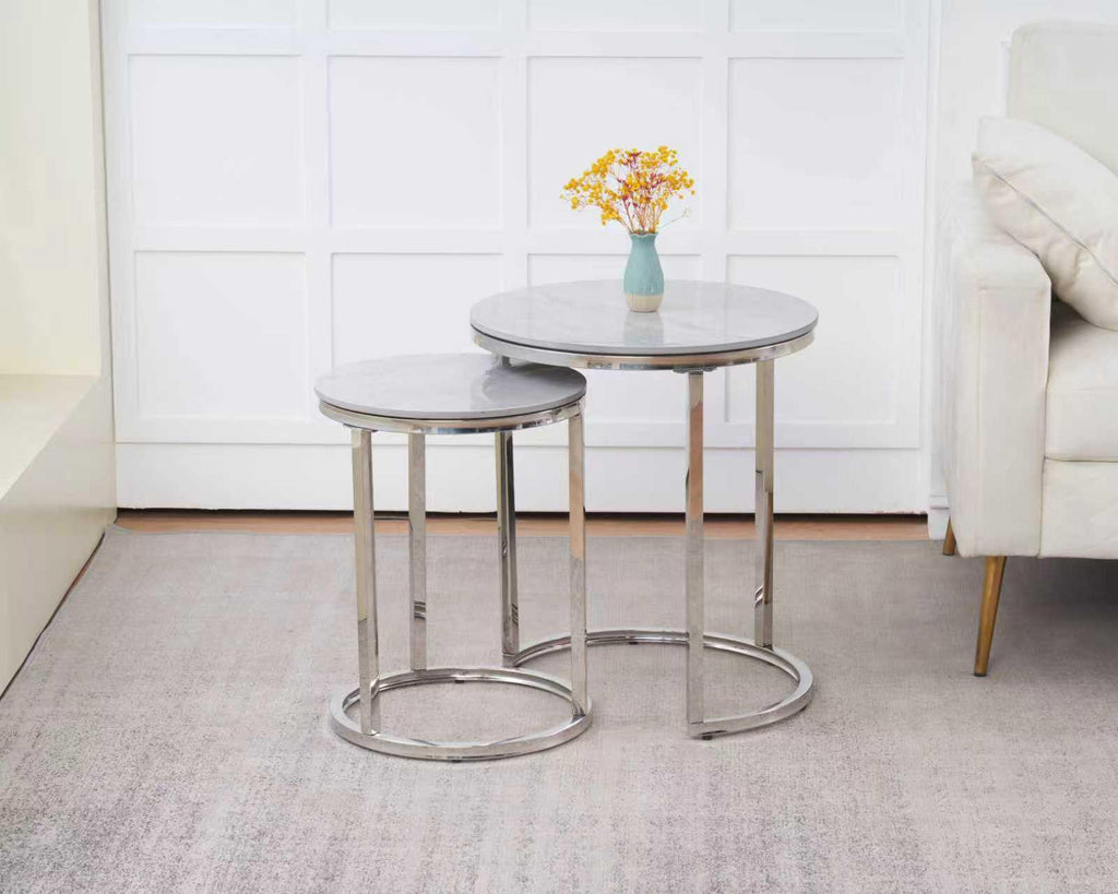 MARBEL Set of 2 Tables - Round Table & Side Table Nesting Design in Grey Silver & White Silver - Elegant Versatile for Dining Living Room & Bedroom