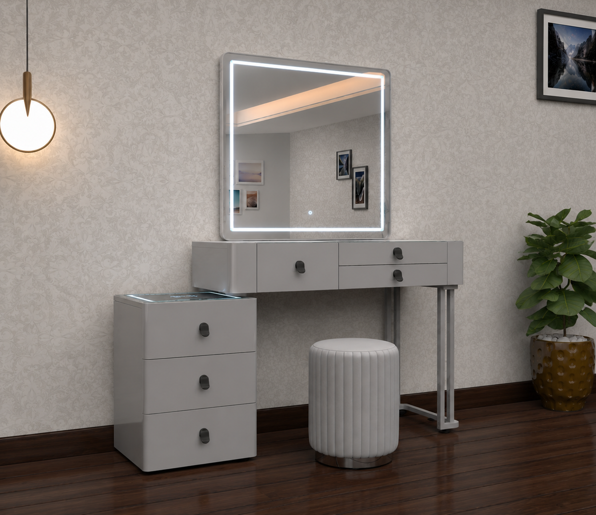 Lux Dressing Table - High Gloss Mirror , 3 Tone LED , Wireless Speaker , Wireless Charging , Strong MDF With Adjustable Width IN Different Colours