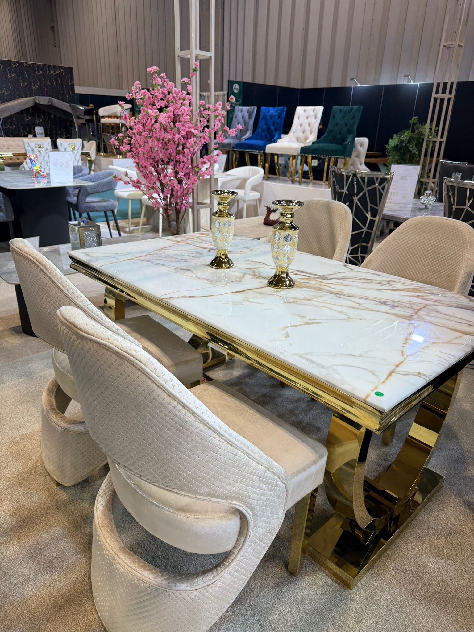 Arianna Golden Marble Dining Table With 6 Luxury Cream Dining Chairs
