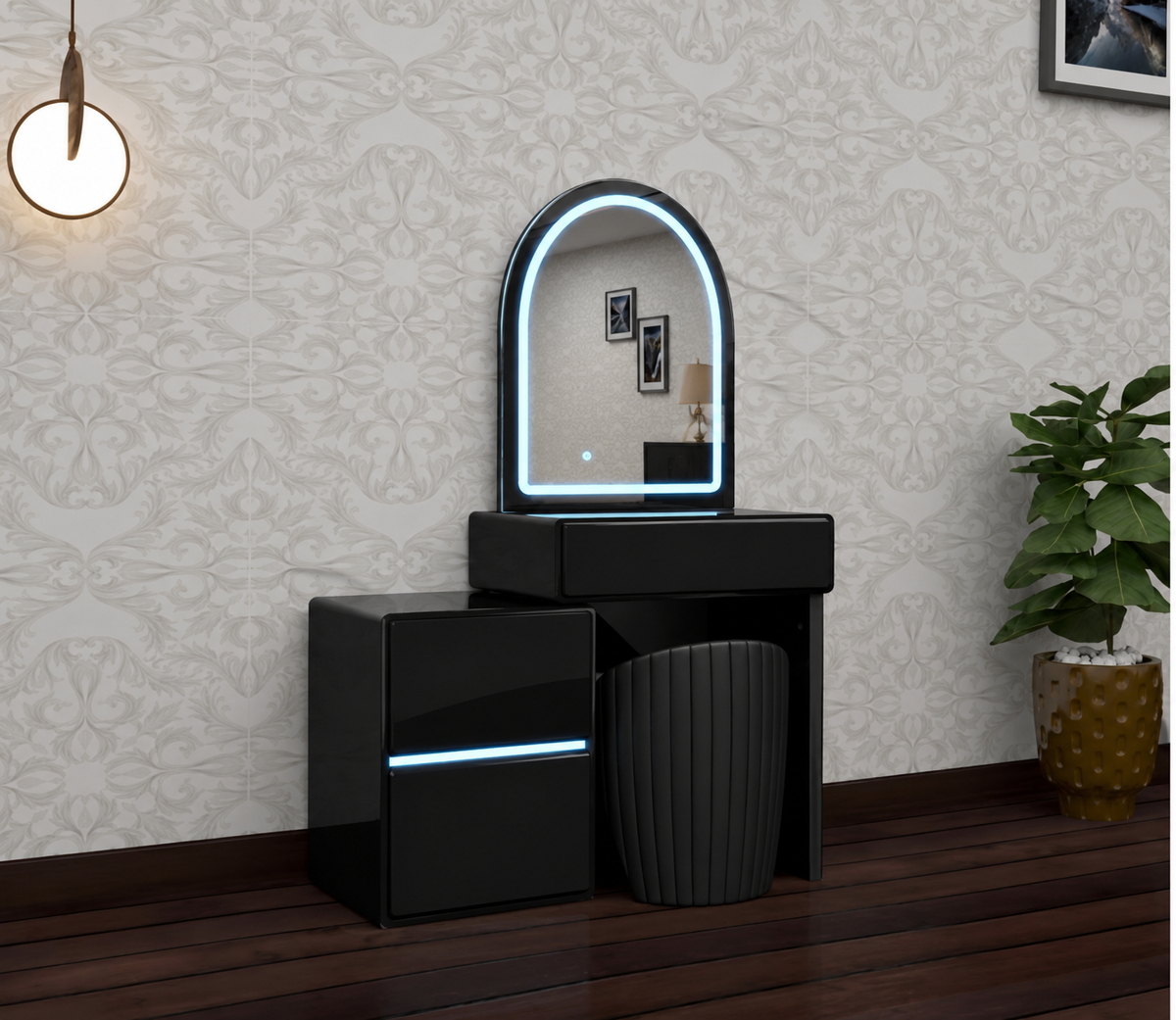 Aviva Dressing Table - 3 Tone LED , Strong MDF , Comfy Stool , Handless Deep Drawers With High Gloss Mirror
