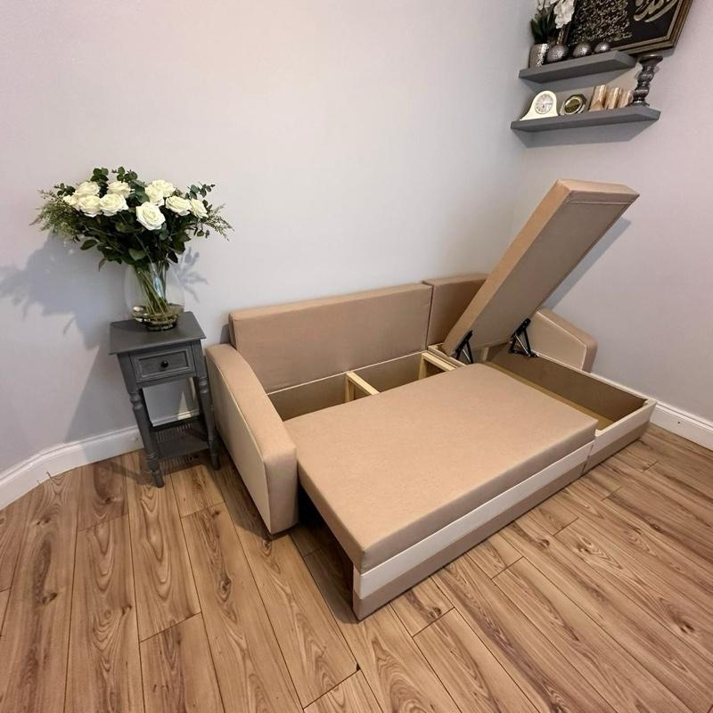 Compact Corner Sofa Bed Beige Cream OR Grey Right hand Side With Storage