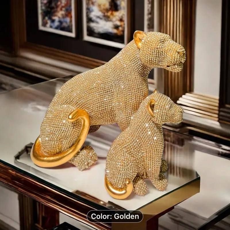 CUB LEOPARD STATUE DECORATIVE FIGURINE GOLDEN PERFECT FOR GIFTS Sparkling Rhinestone Design Home Decor