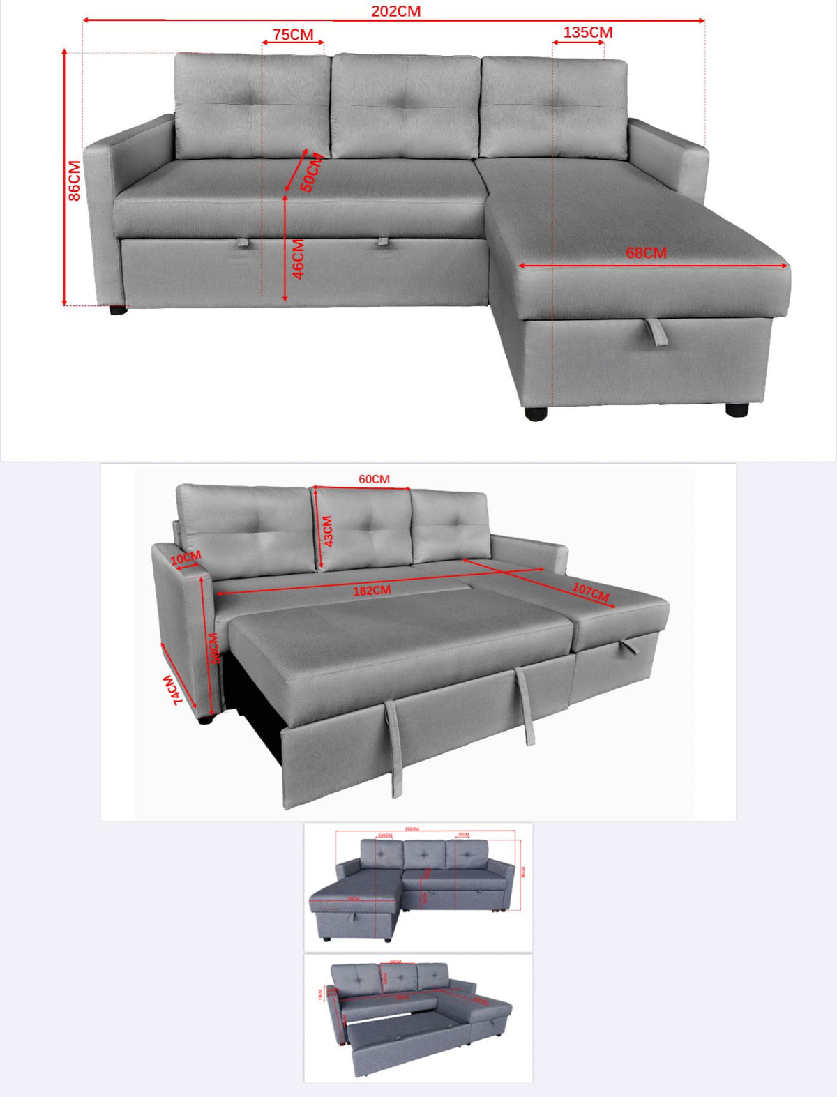 RESTRO Compact Corner Sofa with Pull Out Bed & Lift Up Storage for Small Spaces