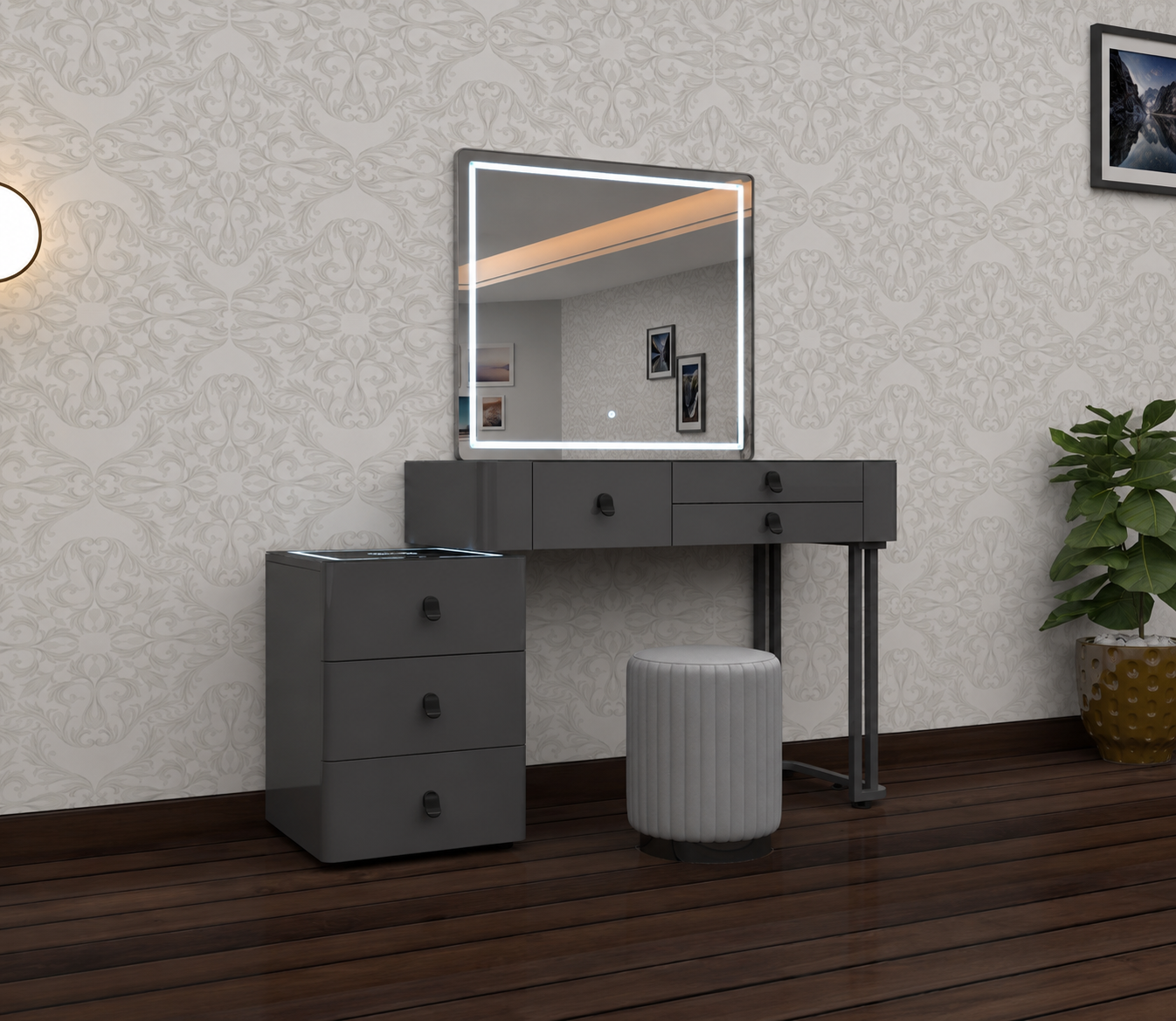 Lux Dressing Table - High Gloss Mirror , 3 Tone LED , Wireless Speaker , Wireless Charging , Strong MDF With Adjustable Width IN Different Colours
