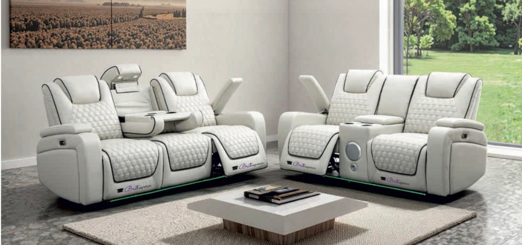 Malaga Leather 3+2+1 Seater Sofa With Electric Recliner,Cup Holder,USB & C Type Port ,LED Lights, Wireless Charging, Bluetooth Speakers