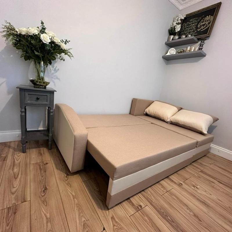 Compact Corner Sofa Bed Beige Cream OR Grey Right hand Side With Storage