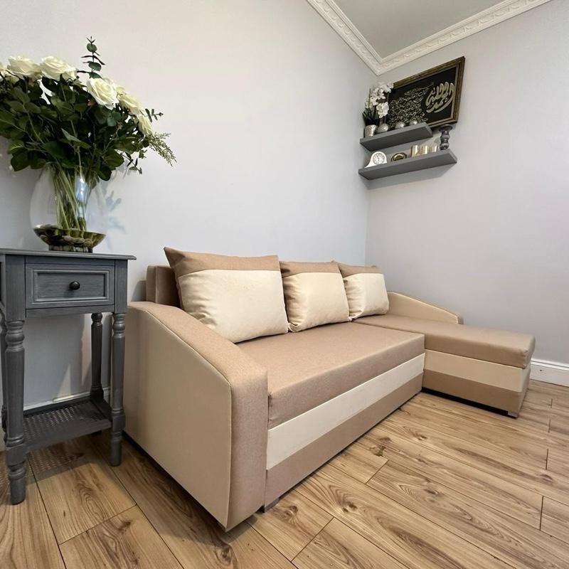 Compact Corner Sofa Bed Beige Cream OR Grey Right hand Side With Storage