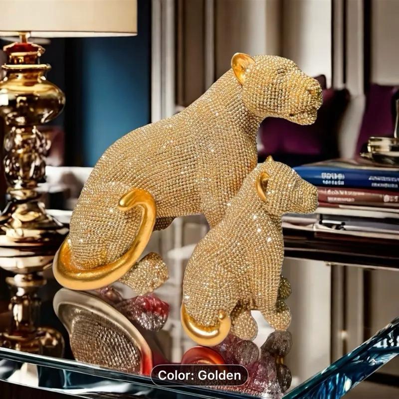 CUB LEOPARD STATUE DECORATIVE FIGURINE GOLDEN PERFECT FOR GIFTS Sparkling Rhinestone Design Home Decor