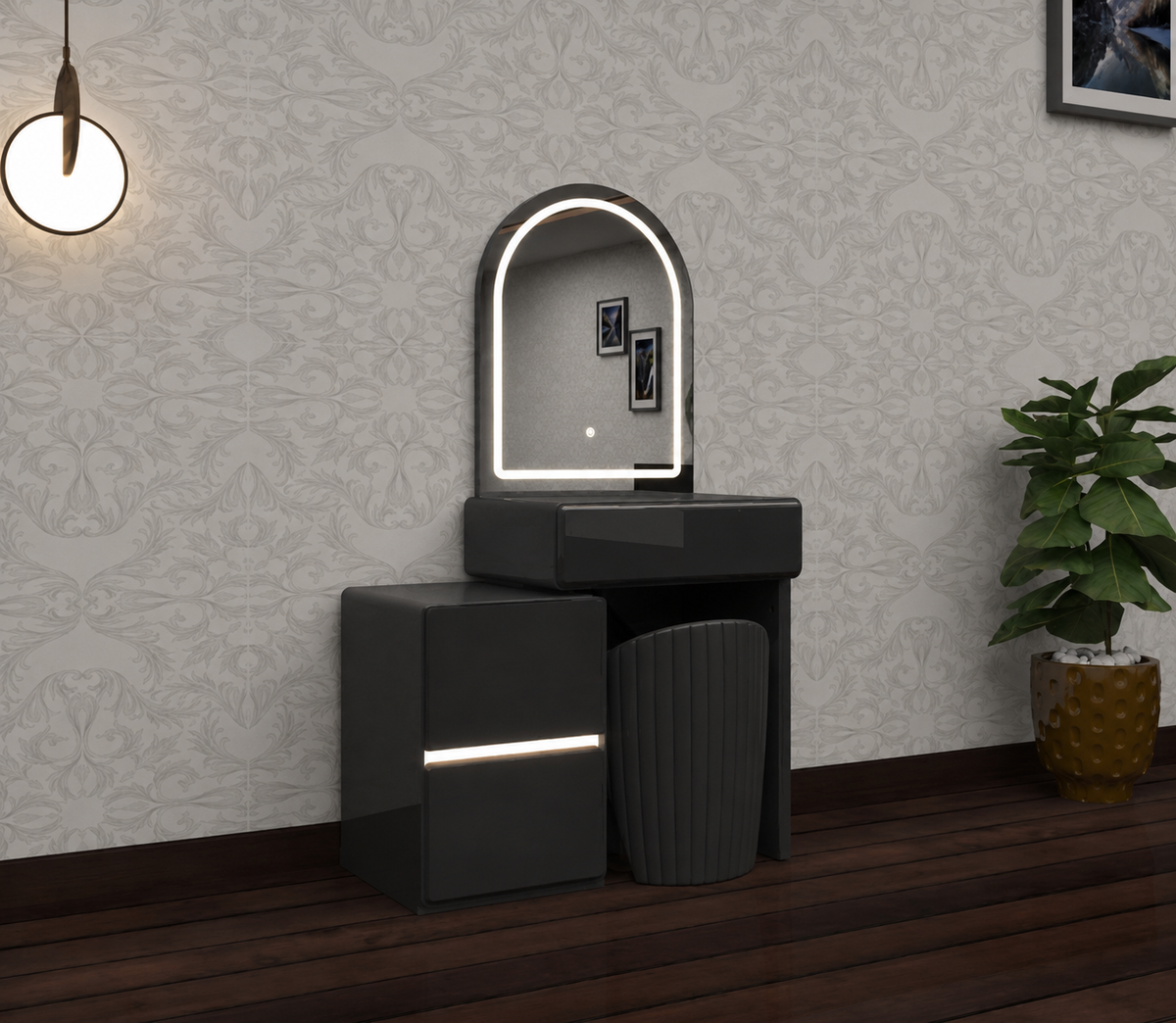 Aviva Dressing Table - 3 Tone LED , Strong MDF , Comfy Stool , Handless Deep Drawers With High Gloss Mirror