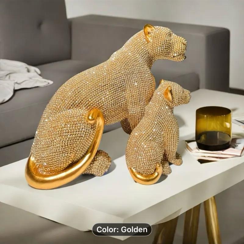 CUB LEOPARD STATUE DECORATIVE FIGURINE GOLDEN PERFECT FOR GIFTS Sparkling Rhinestone Design Home Decor