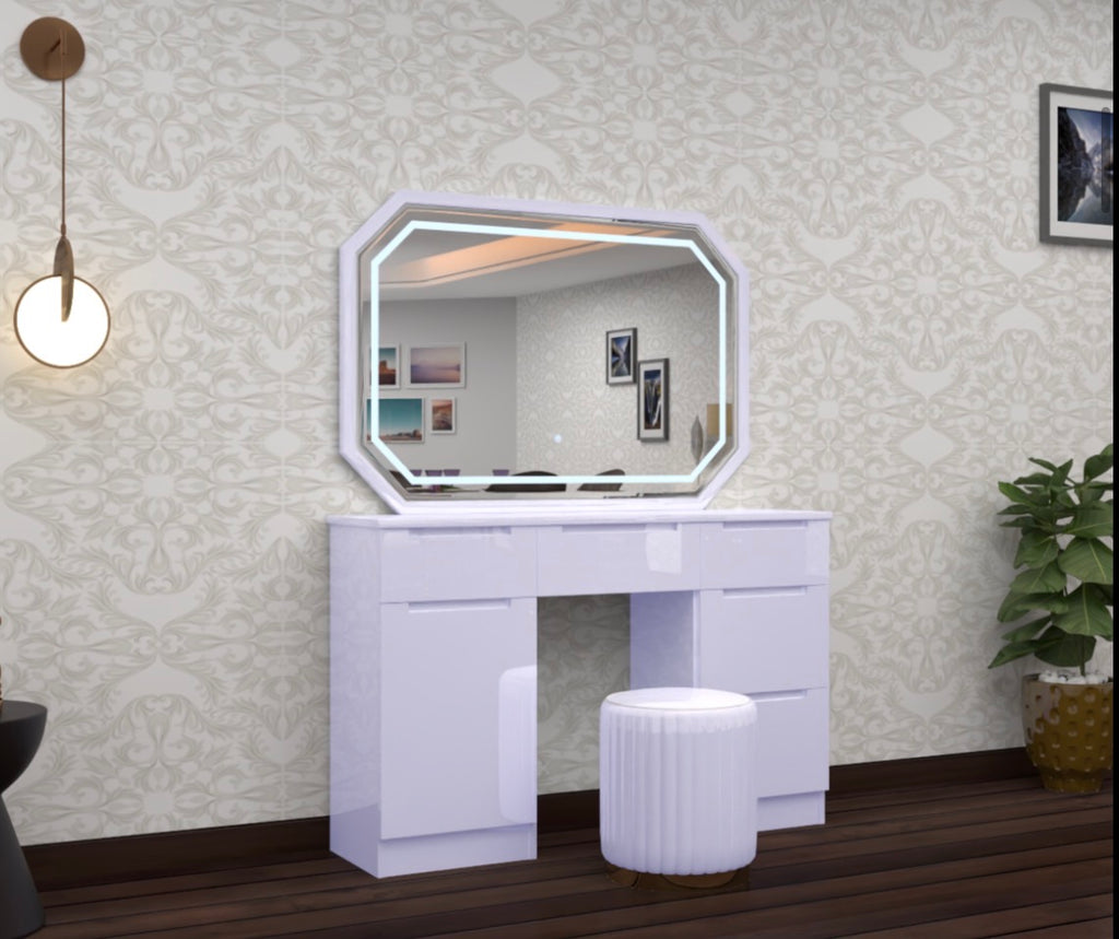 Rose Dressing Table - Deep Drawers , 3 Tone LED , High Gloss Mirror , Comfy Stool With Strong MDF In Different Colours