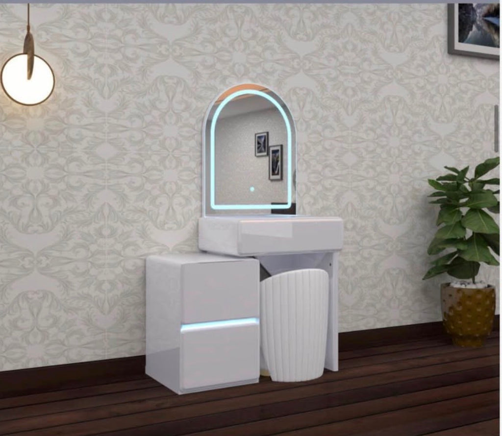 Aviva Dressing Table - 3 Tone LED , Strong MDF , Comfy Stool , Handless Deep Drawers With High Gloss Mirror