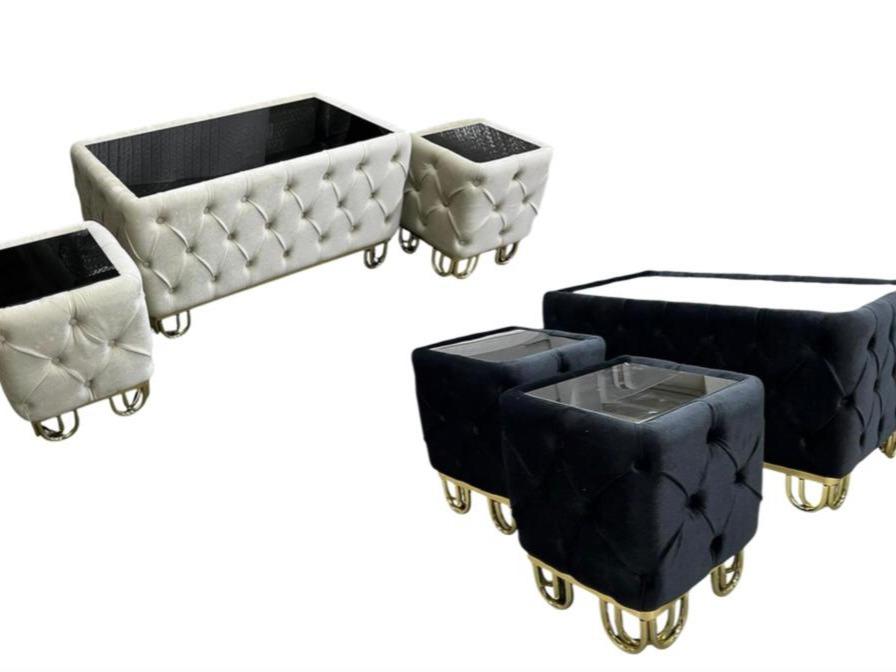 AVIVA Modern Coffee Table Set in Black Cream & Grey with Tufted Design and Gold Legs for Living Room