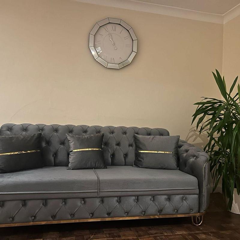 PLUSH VELVET 3+2 SEATER SOFA in Grey with Tufted Design and Gold Trim Cushions