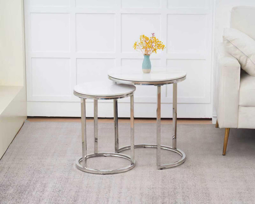 MARBEL Set of 2 Tables - Round Table & Side Table Nesting Design in Grey Silver & White Silver - Elegant Versatile for Dining Living Room & Bedroom