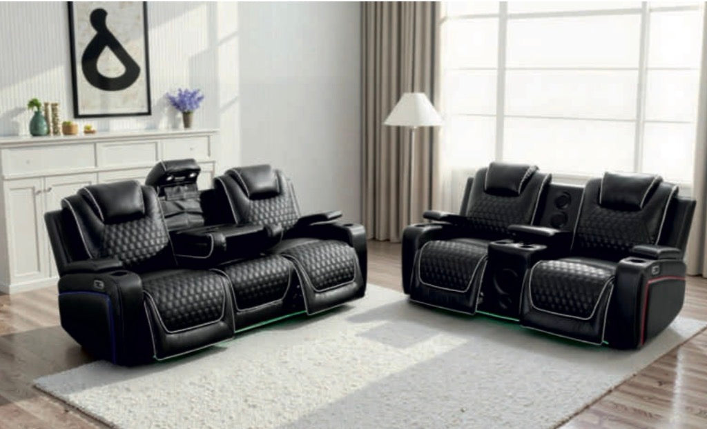 Malaga Leather 3+2+1 Seater Sofa With Electric Recliner,Cup Holder,USB & C Type Port ,LED Lights, Wireless Charging, Bluetooth Speakers