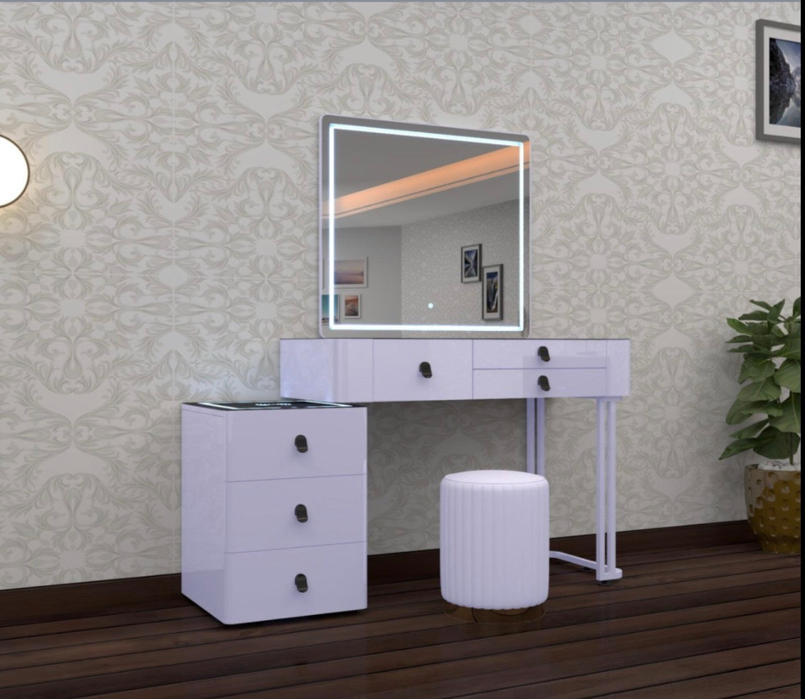 Lux Dressing Table - High Gloss Mirror , 3 Tone LED , Wireless Speaker , Wireless Charging , Strong MDF With Adjustable Width IN Different Colours