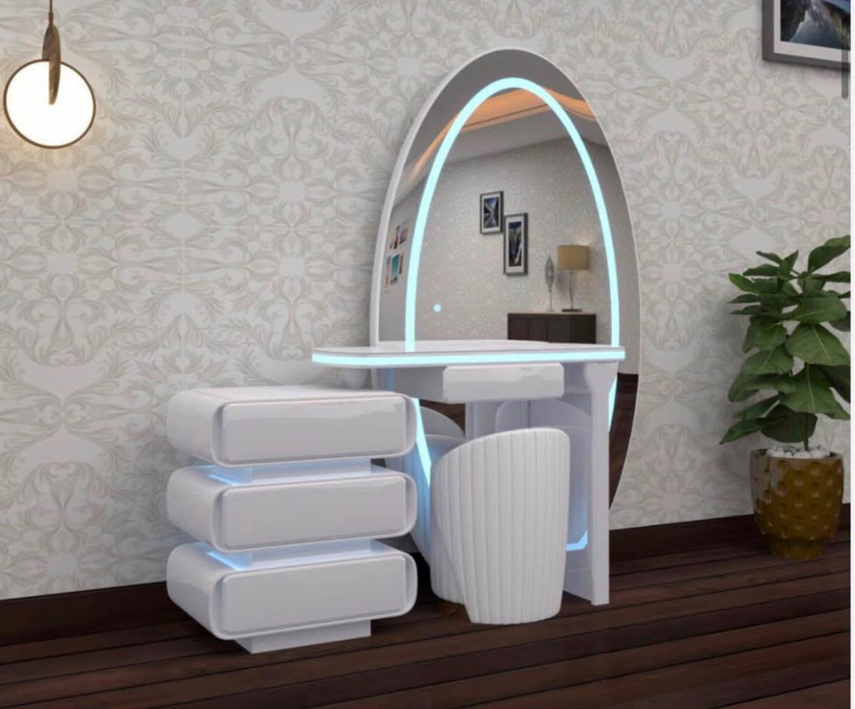 Lumi Dressing Table - Strong MDF , 3 Tone LED , Deep Drawers , Comfy Stool With High Gloss Mirror In Different Colors