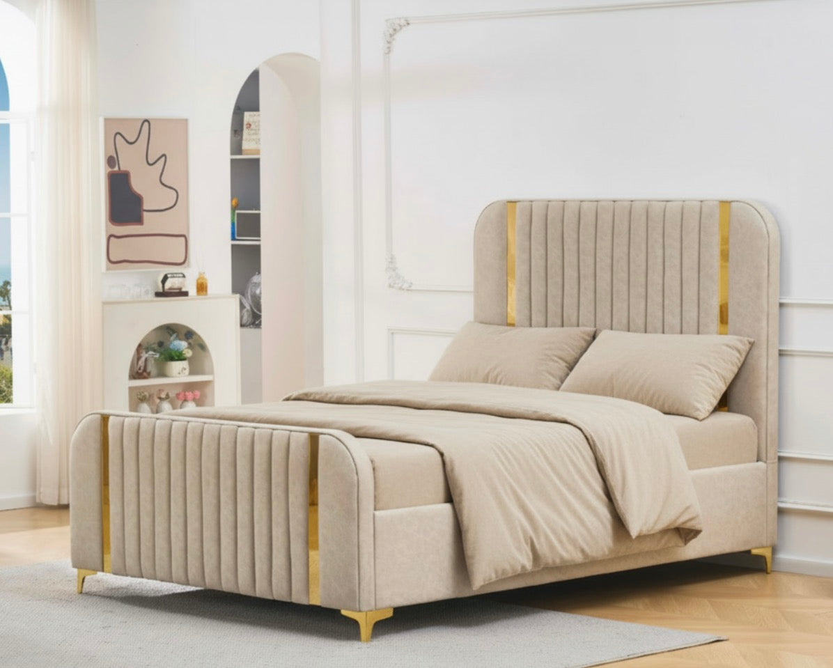 Fabulous Bed With Gas Lift MDF Button in Beige Velvet and Gold Accents for Modern Bedrooms