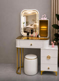 Luxury White Vanity Table with LED Mirror, Side Storage Cabinet & Stool | Modern Makeup Dressing Table