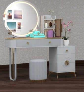 Viola Dressing Table - Adjustable Width Strong MDF Deep Drawers High Gloss Mirror 3 Tone LED Comfy Stool for Bedroom