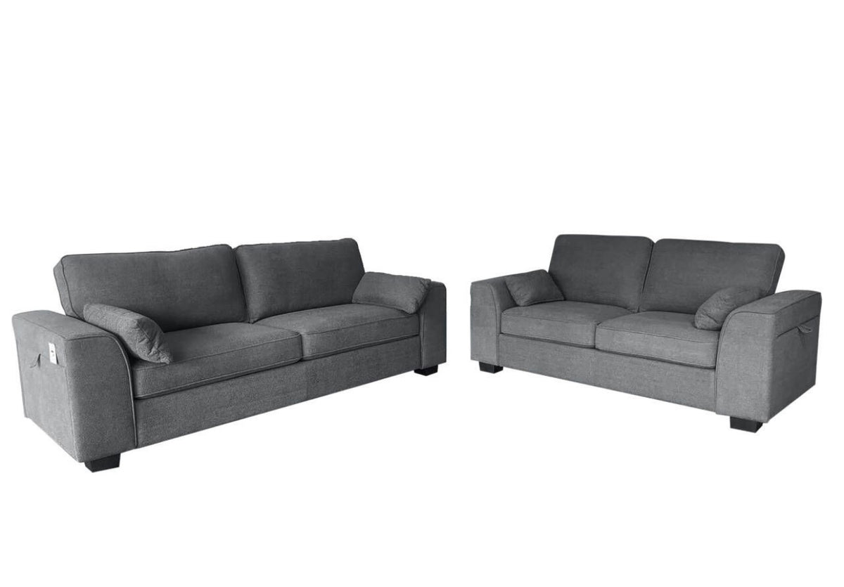 Zest Soda 3+2 Seater Sofa Set with Cupholder Grey Fabric Modern Living Room Furniture Fixed Arms Contemporary Style