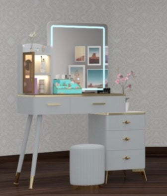 Alice Dressing Table - Adjustable Width , Comfy Stool , Strong MDF , Deep Drawers , 3 Tone LED , High Gloss Mirror