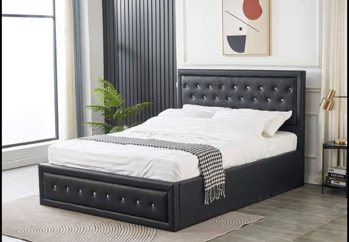 Wallace Leather Bed with Ottoman Storage Crystalo on Black Grey Buttons Modern Storage Solution for Bedroom