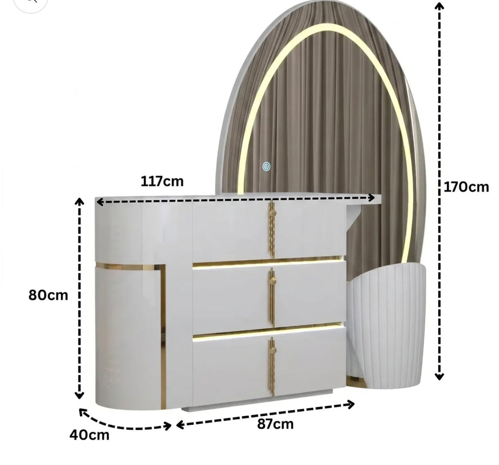 Aurora Dressing Table - Gold Handle , 3 Tone LED , High Gloss Mirror , Strong MDF , Deep Drawers With Comfy Stool In Different Colours