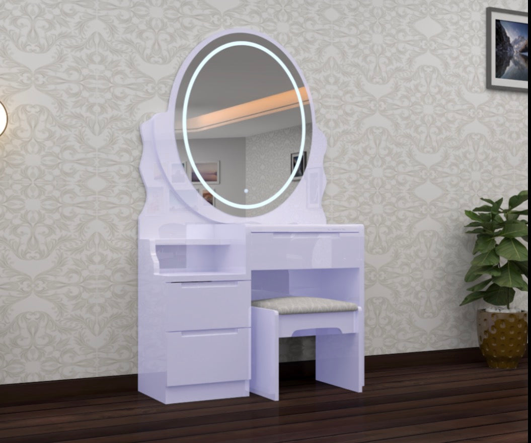 Naomi Dressing Table - Strong MDF , Comfy Stool , 3 Tone LED , Handless Deep Drawers , With High Gloss Mirror