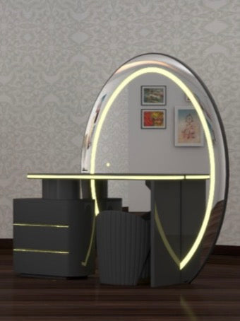 Ovela Dressing Table - Deep Drawers , 3 Tone LED , Strong MDF , Handless Deep Drawers , High Gloss Mirror , Comfy Stool