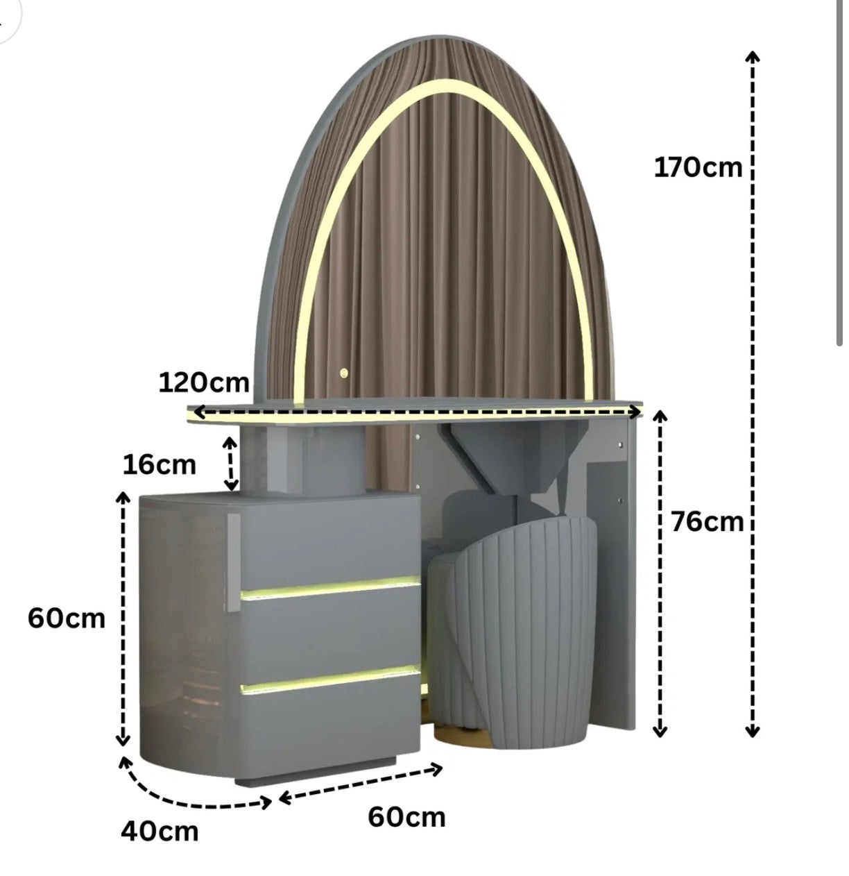 Lumi Dressing Table - Strong MDF , 3 Tone LED , Deep Drawers , Comfy Stool With High Gloss Mirror In Different Colors