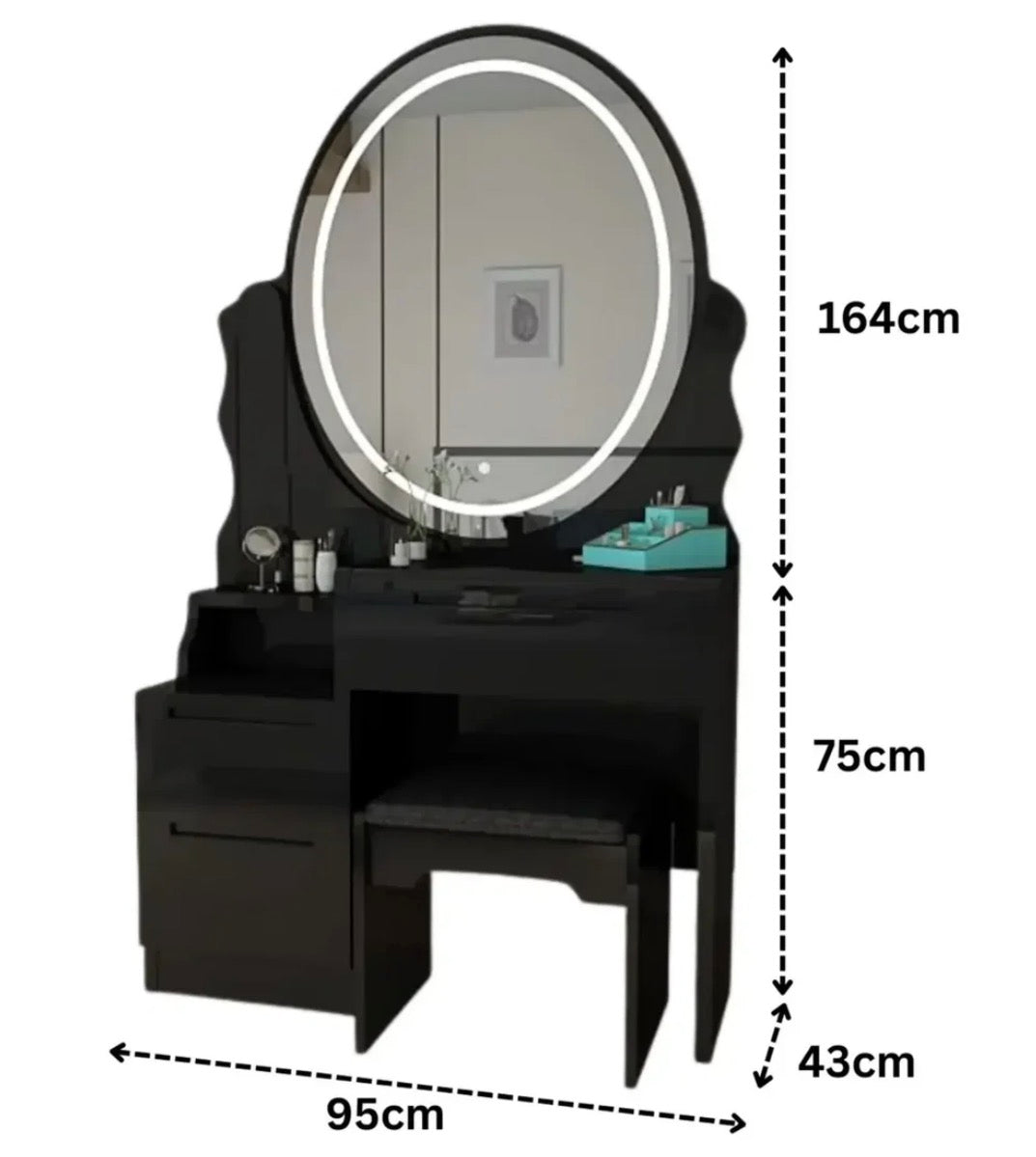 Naomi Dressing Table - Strong MDF , Comfy Stool , 3 Tone LED , Handless Deep Drawers , With High Gloss Mirror