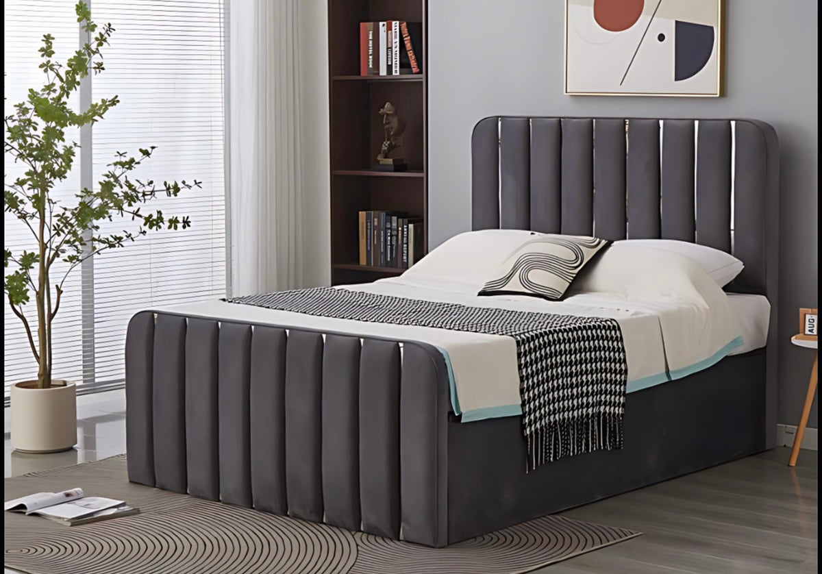 Linda Stripe Bed Modern Design with Stainless Steel Stripes on Headboard & Footboard Solid MDF Top Floor for Contemporary Bedrooms