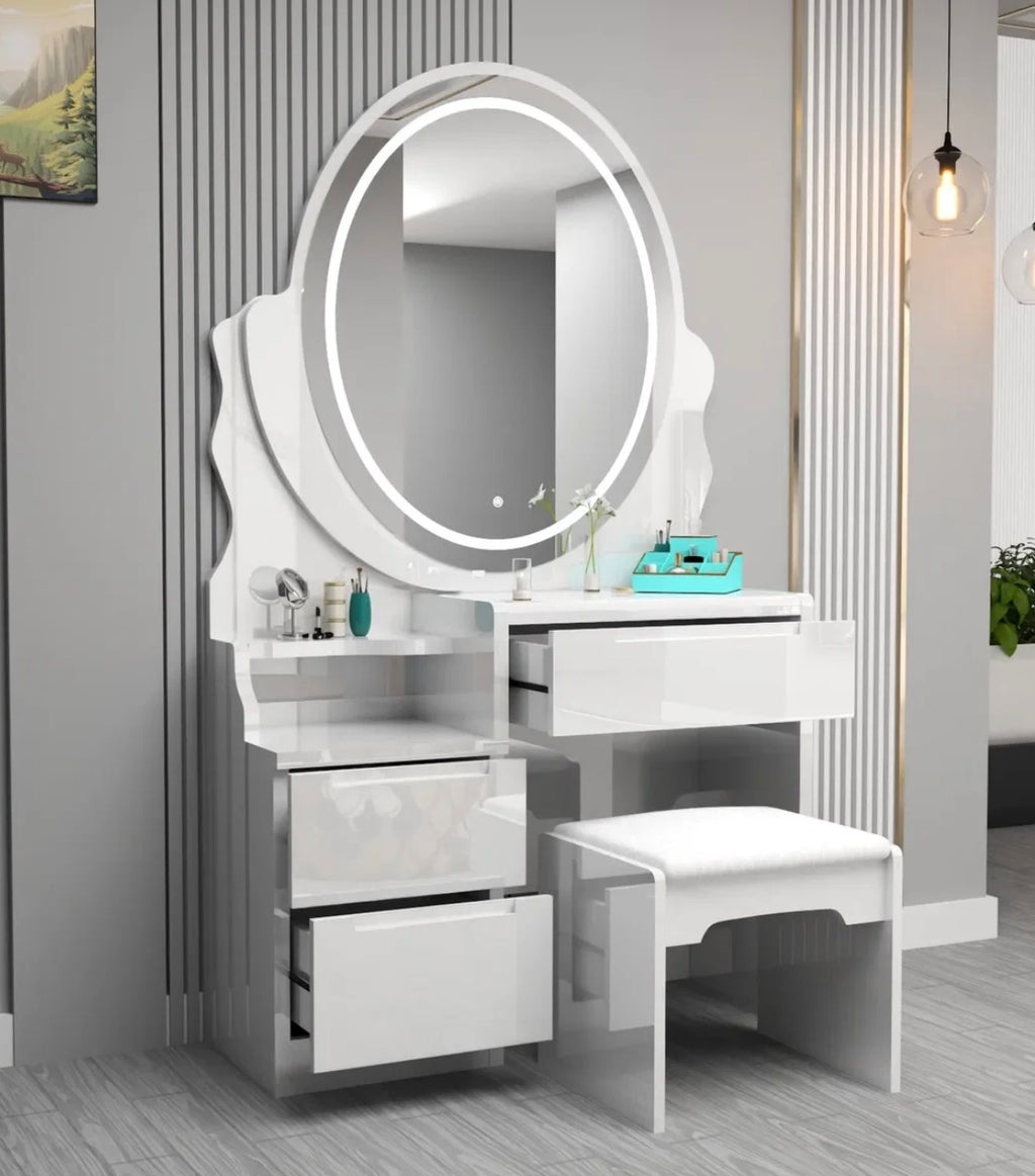 Naomi Dressing Table - Strong MDF , Comfy Stool , 3 Tone LED , Handless Deep Drawers , With High Gloss Mirror
