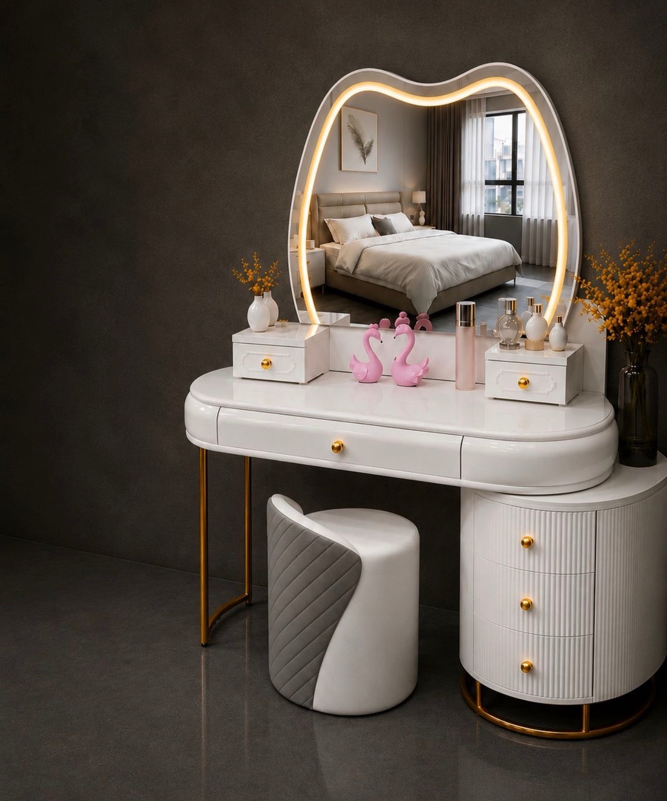 High Gloss Vanity Desk with LED Mirror, Storage Drawers & Stool