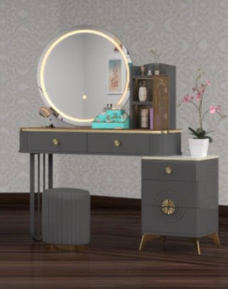 Viola Dressing Table - Adjustable Width Strong MDF Deep Drawers High Gloss Mirror 3 Tone LED Comfy Stool for Bedroom