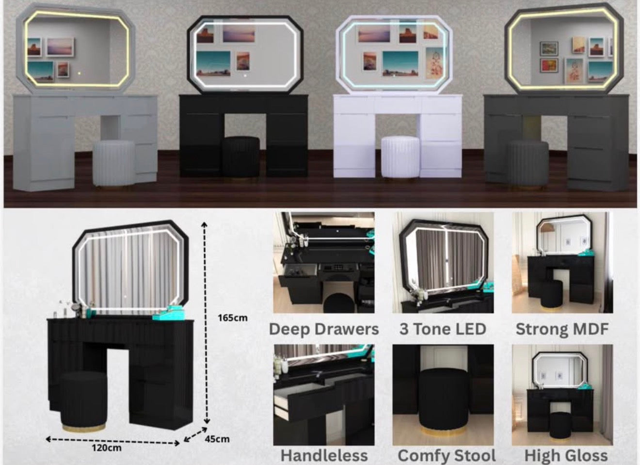 Rose Dressing Table - Deep Drawers , 3 Tone LED , High Gloss Mirror , Comfy Stool With Strong MDF In Different Colours