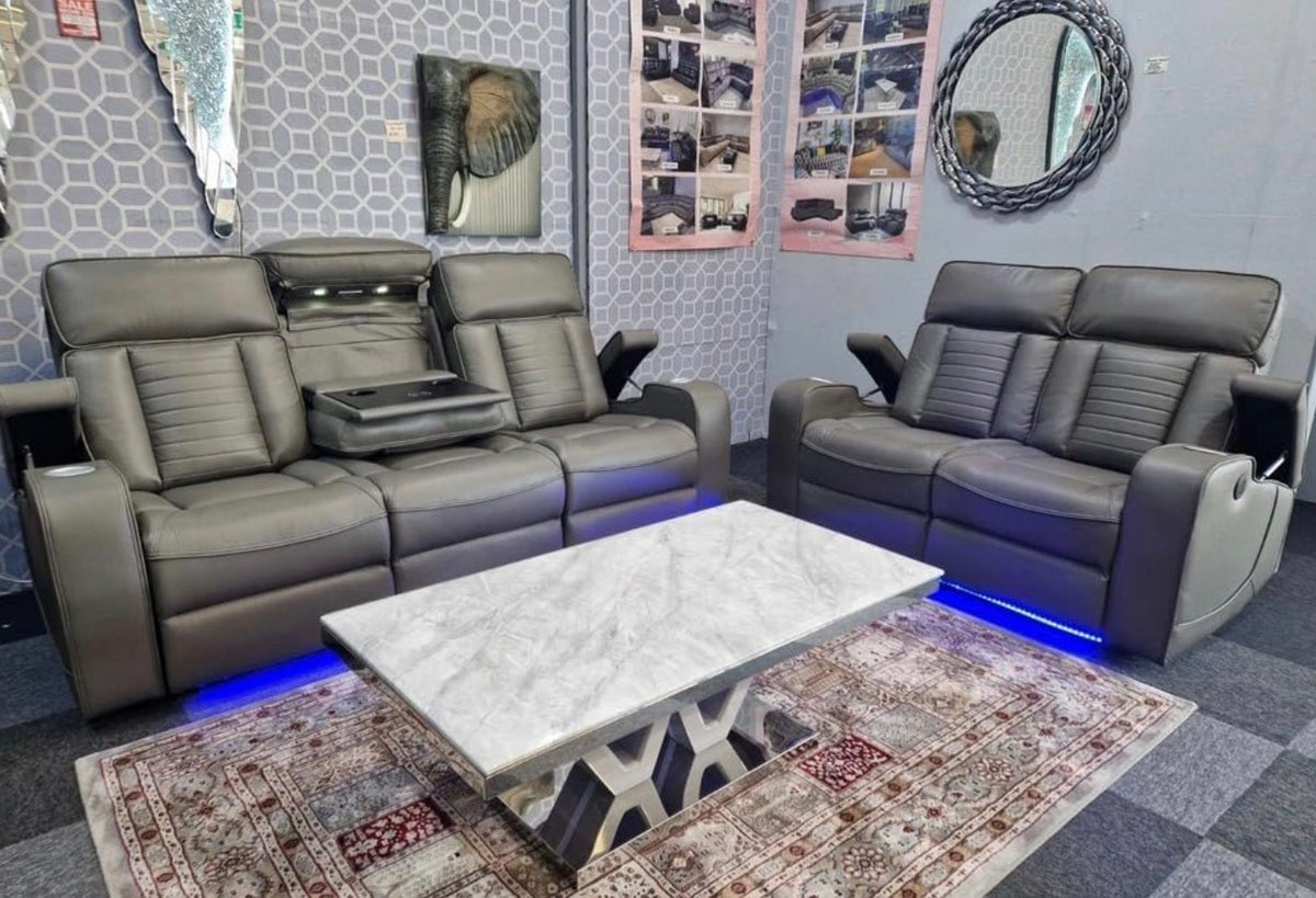 TUACN Leather 3+2 Seater Sofa Set  , electric recliners with wireless charging and USB port for charging, cupholder, cuisine Matic sofas with LED lights