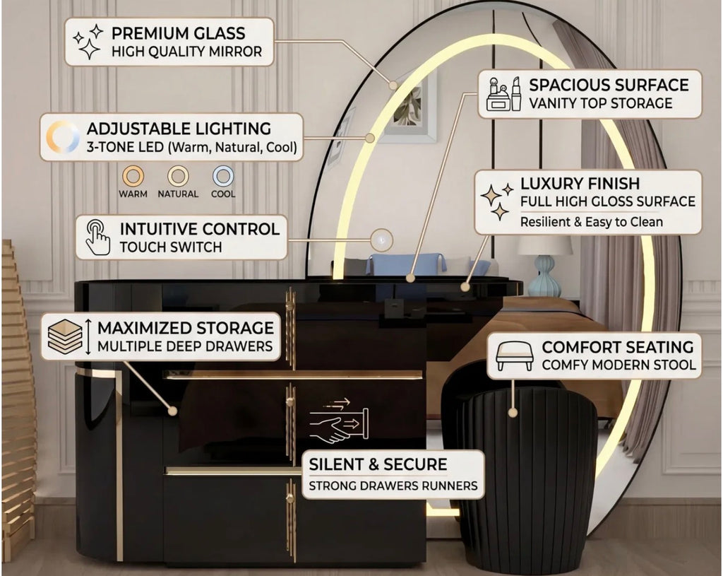 Aurora Dressing Table - Gold Handle , 3 Tone LED , High Gloss Mirror , Strong MDF , Deep Drawers With Comfy Stool In Different Colours