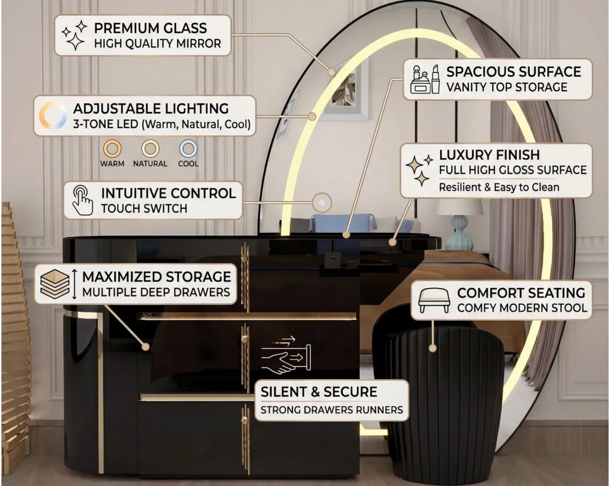 Aurora Dressing Table - Gold Handle , 3 Tone LED , High Gloss Mirror , Strong MDF , Deep Drawers With Comfy Stool In Different Colours