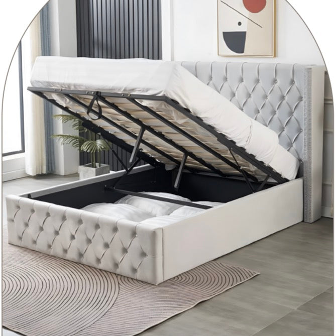 Crystal Plush Velvet Bed with Wings has Metal Studs and Crystals on the Footboard and Headboard