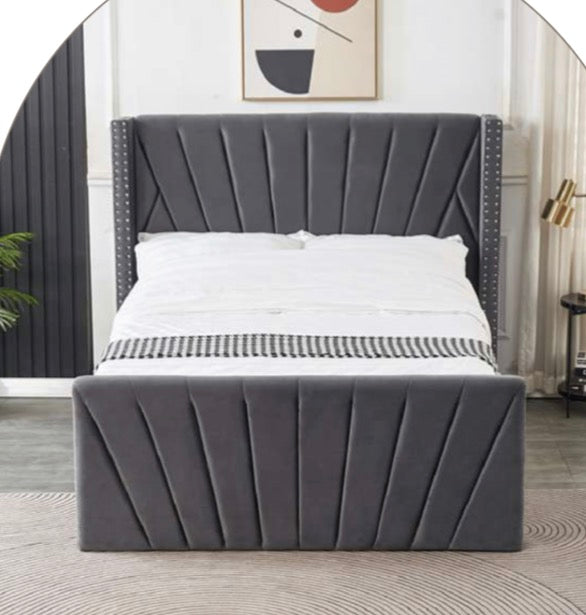 Belira Plush Velvet Bed with Diagonal Stripes and Studs on Wings in Dark Grey for Modern Bedroom Decor - Elegant Design & Soft Comfort
