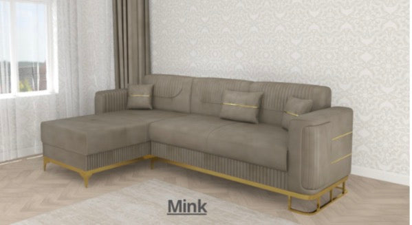 Fashion L-Shape Sofa -Roll Over Bed , LED Light , Under Storage , Metal Legs , Full Memory Foam