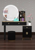 Viola Dressing Table - Adjustable Width Strong MDF Deep Drawers High Gloss Mirror 3 Tone LED Comfy Stool for Bedroom