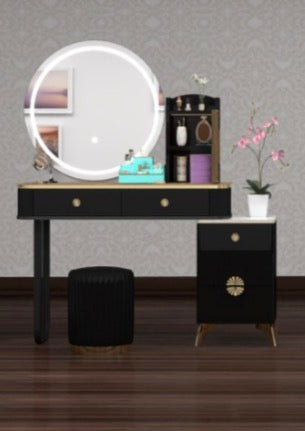 Viola Dressing Table - Adjustable Width Strong MDF Deep Drawers High Gloss Mirror 3 Tone LED Comfy Stool for Bedroom