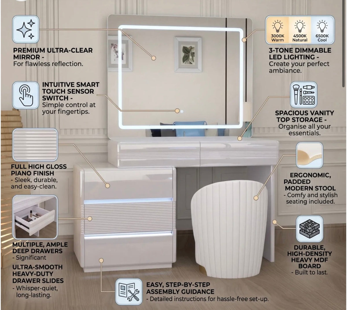Novella Dressing Table - Comfy Stool , Strong MDF , Adjustable Width , 3 Tone LED , High Gloss Mirror , With Handless Drawers