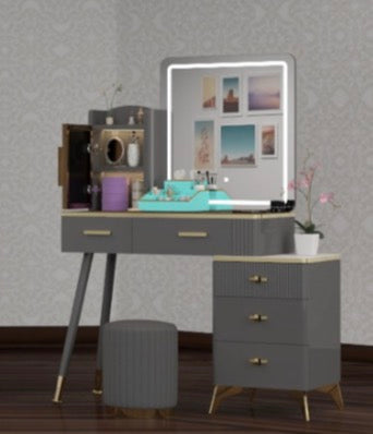Alice Dressing Table - Adjustable Width , Comfy Stool , Strong MDF , Deep Drawers , 3 Tone LED , High Gloss Mirror